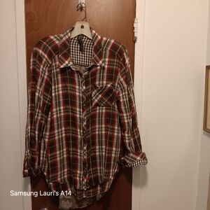 Aratta Plaid Button-Up Shirt with Red & Brown Tones Beautiful printed sheer back